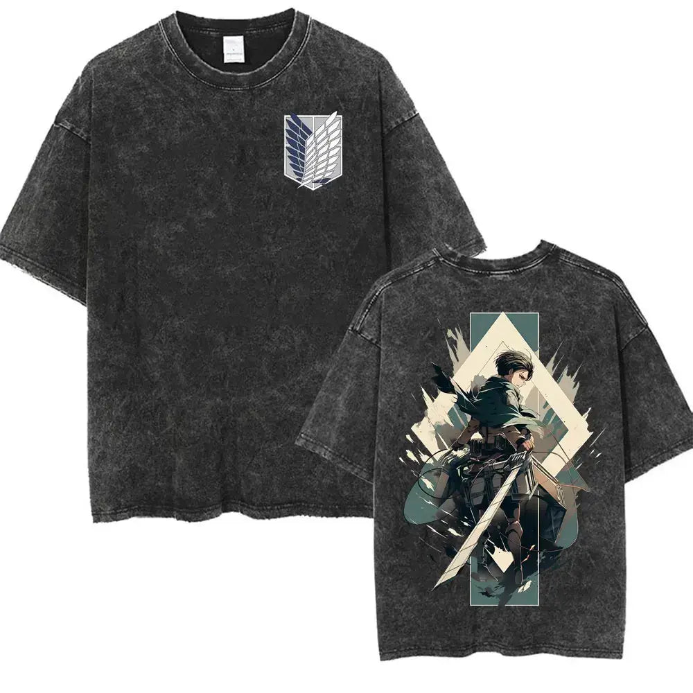 An oversized Attack on Titan Washed T-shirt featuring a vintage Levi Ackerman graphic, a stylish streetwear item for men and women.