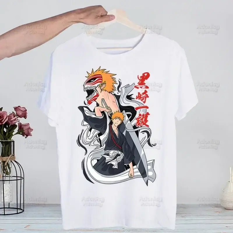 A men's Bleach Kurosaki Ichigo T-shirt in a funny Harajuku hip hop streetwear style for summer.
