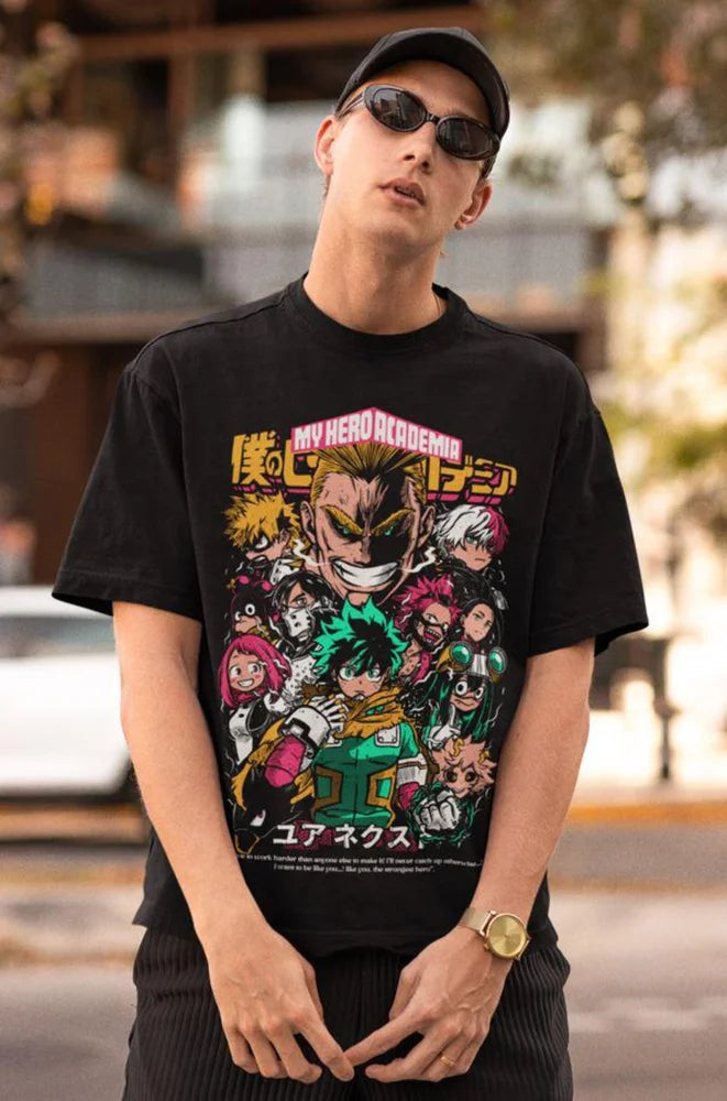A high-quality All Might T-shirt made of soft cotton, featuring a dynamic graphic of the Symbol of Peace for My Hero Academia fans.