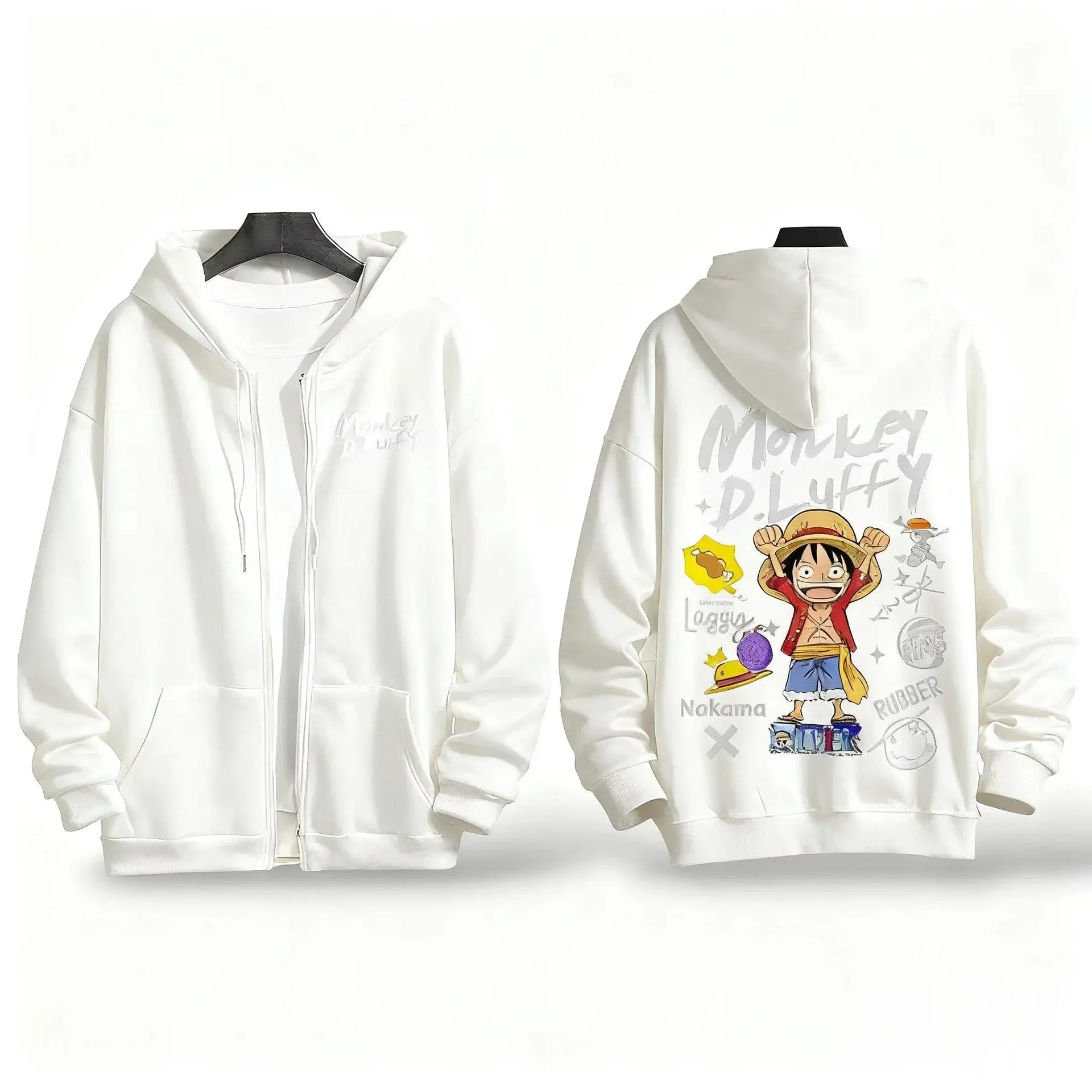 A warm, oversized One Piece Anime Zipper Hoodie in a Y2K style, suitable for men and women.