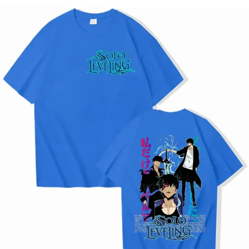 A cool black Solo Leveling T-shirt made of cotton, featuring a high-definition Sung Jinwoo anime graphic in Harajuku street style for men and women.