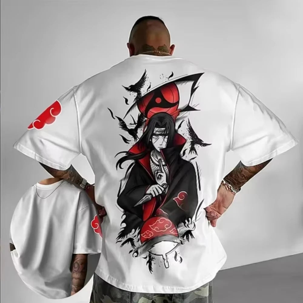 A breathable cotton Uchiha Itachi Oversized T-shirt by MINISO, featuring a sporty graphic print of the Akatsuki member for adults and children.