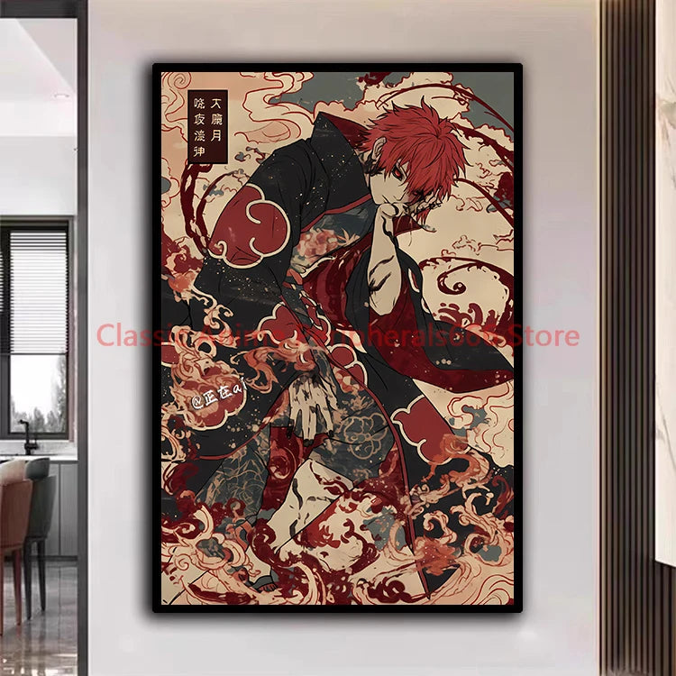 A traditional Ukiyo-e style Naruto Poster canvas painting featuring Akatsuki members Itachi and Sasuke for aesthetic home decor.