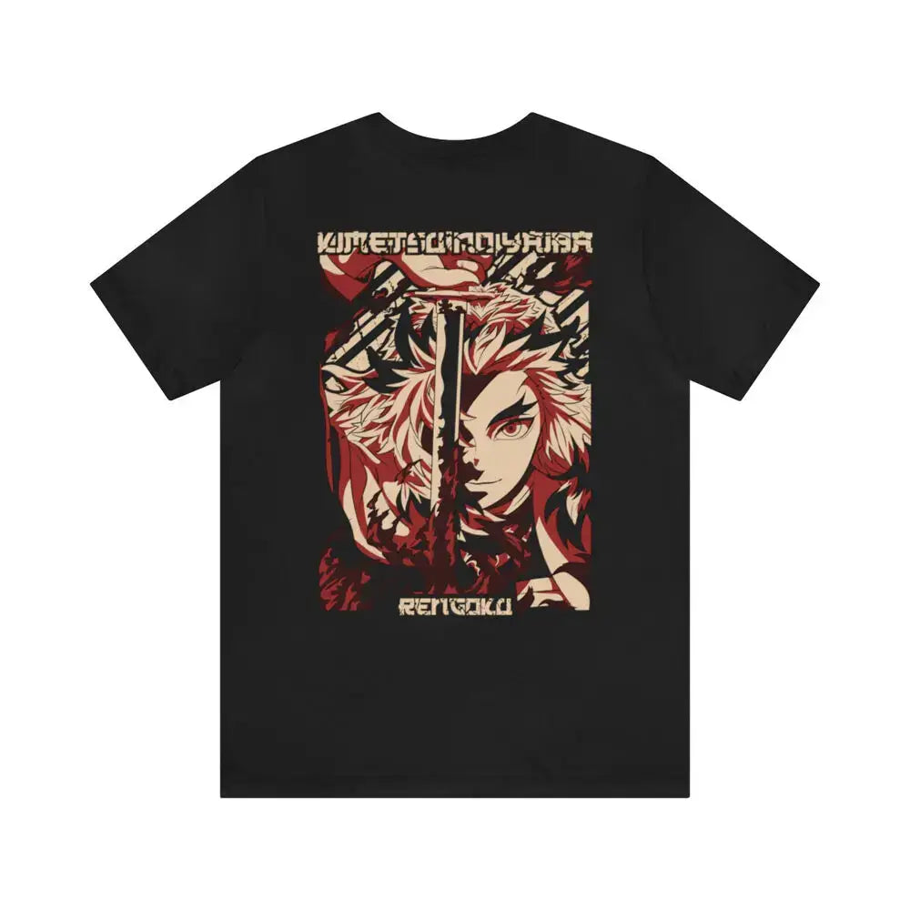 A Rengoku Flame Hashira Graphic Tee from Demon Slayer, showing the detailed front and back anime shirt print.