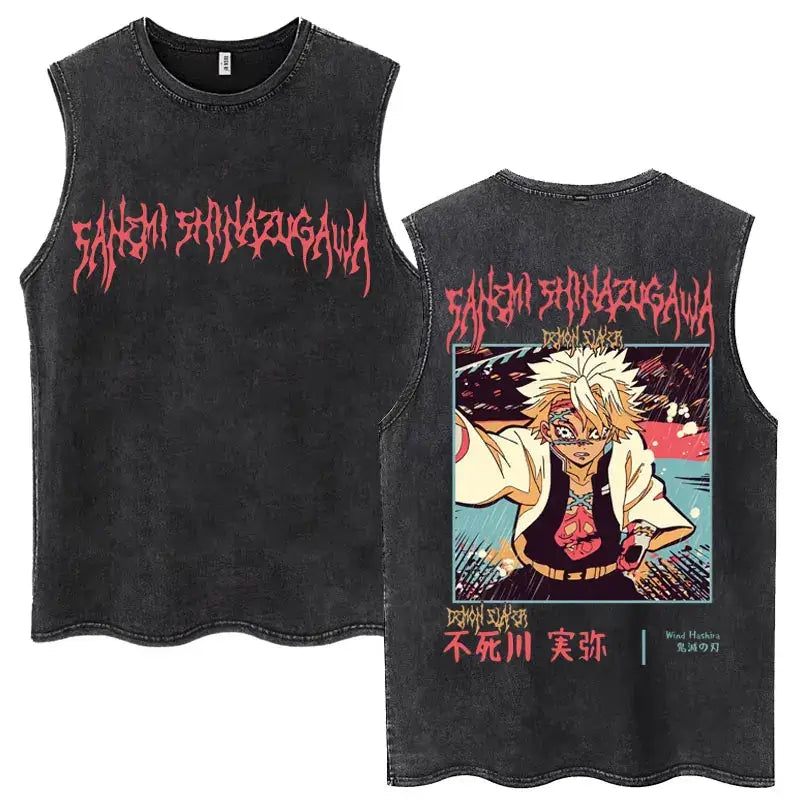 A washed retro Zenitsu Demon Slayer Tank Top featuring Agatsuma Zenitsu manga art, sleeveless cotton summer streetwear for men and women.