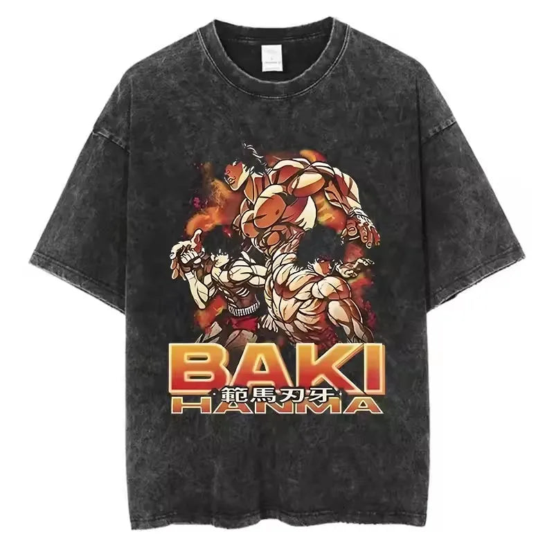 A high-quality pure cotton Baki Anime T-shirt featuring a graphic print of Baki Hanma, designed as a casual loose fit top for men and women.