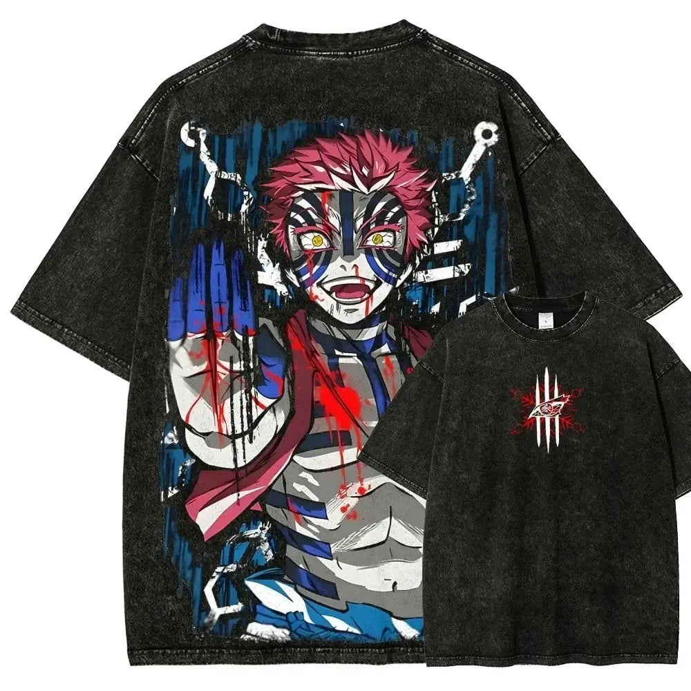 A popular Washed Vintage Akaza T-shirt with a Demon Slayer manga graphic in an oversized style for men.