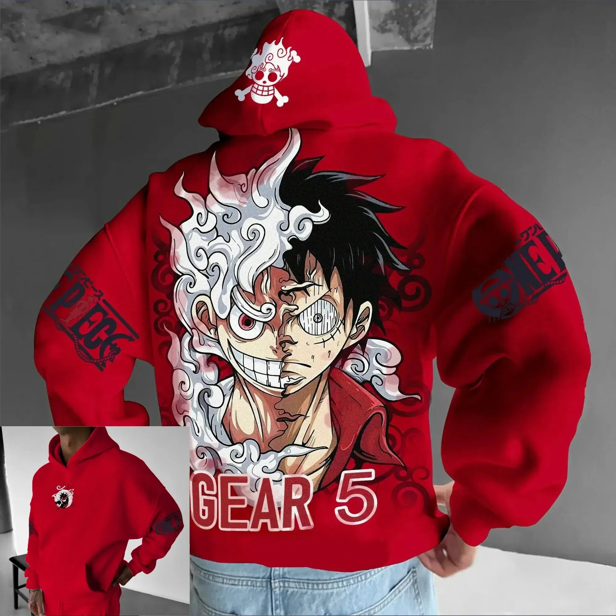 A streetwear One Piece Luffy Gear 5 Nika Anime Hoodie, a casual pullover for men and women's autumn and winter cosplay.