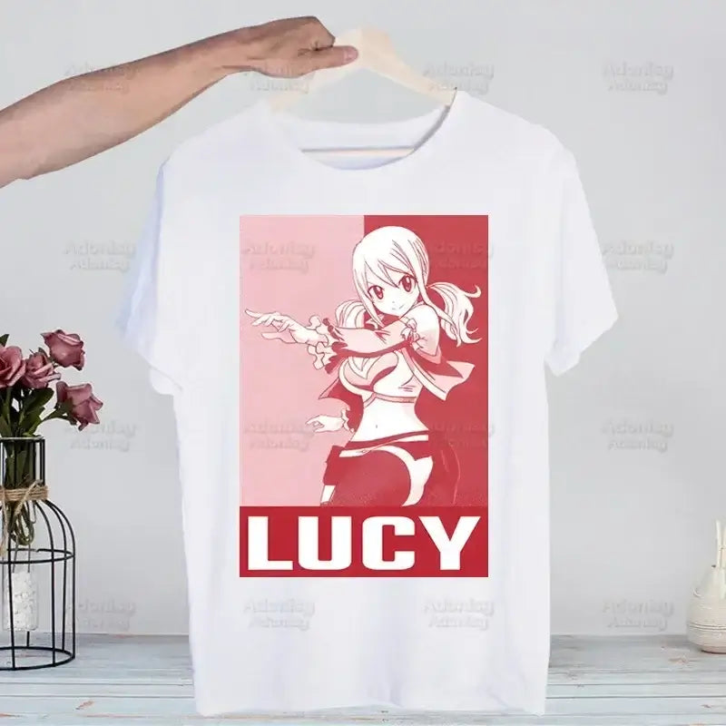 A hip hop style Fairy Tail T-shirt made of cotton featuring anime characters Natsu Dragneel and Lucy Heartfilia.