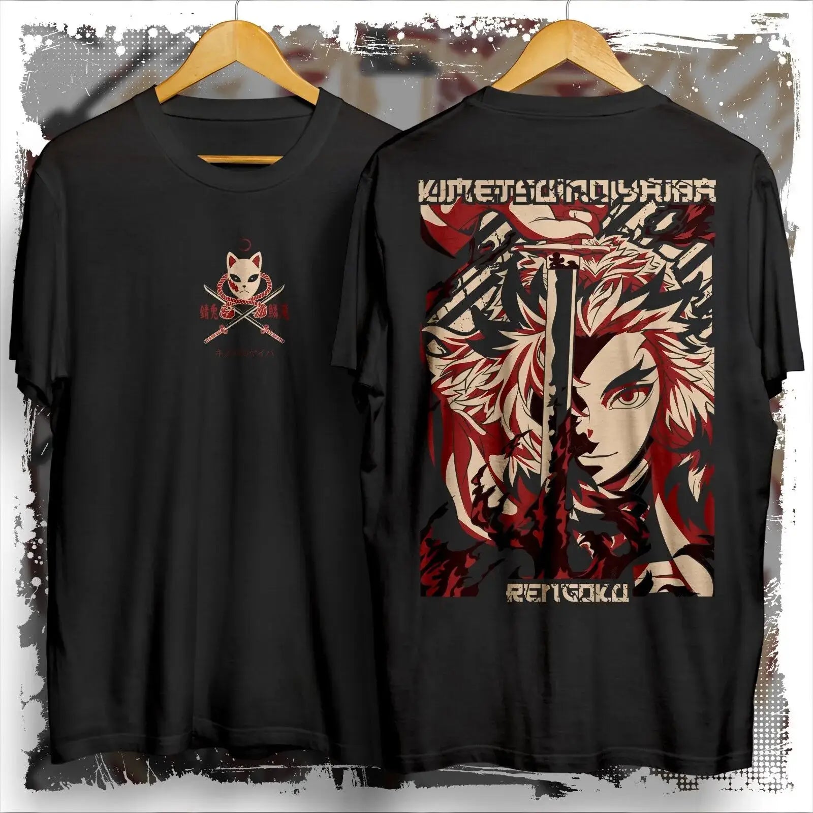 A Rengoku Flame Hashira Graphic Tee from Demon Slayer, showing the detailed front and back anime shirt print.