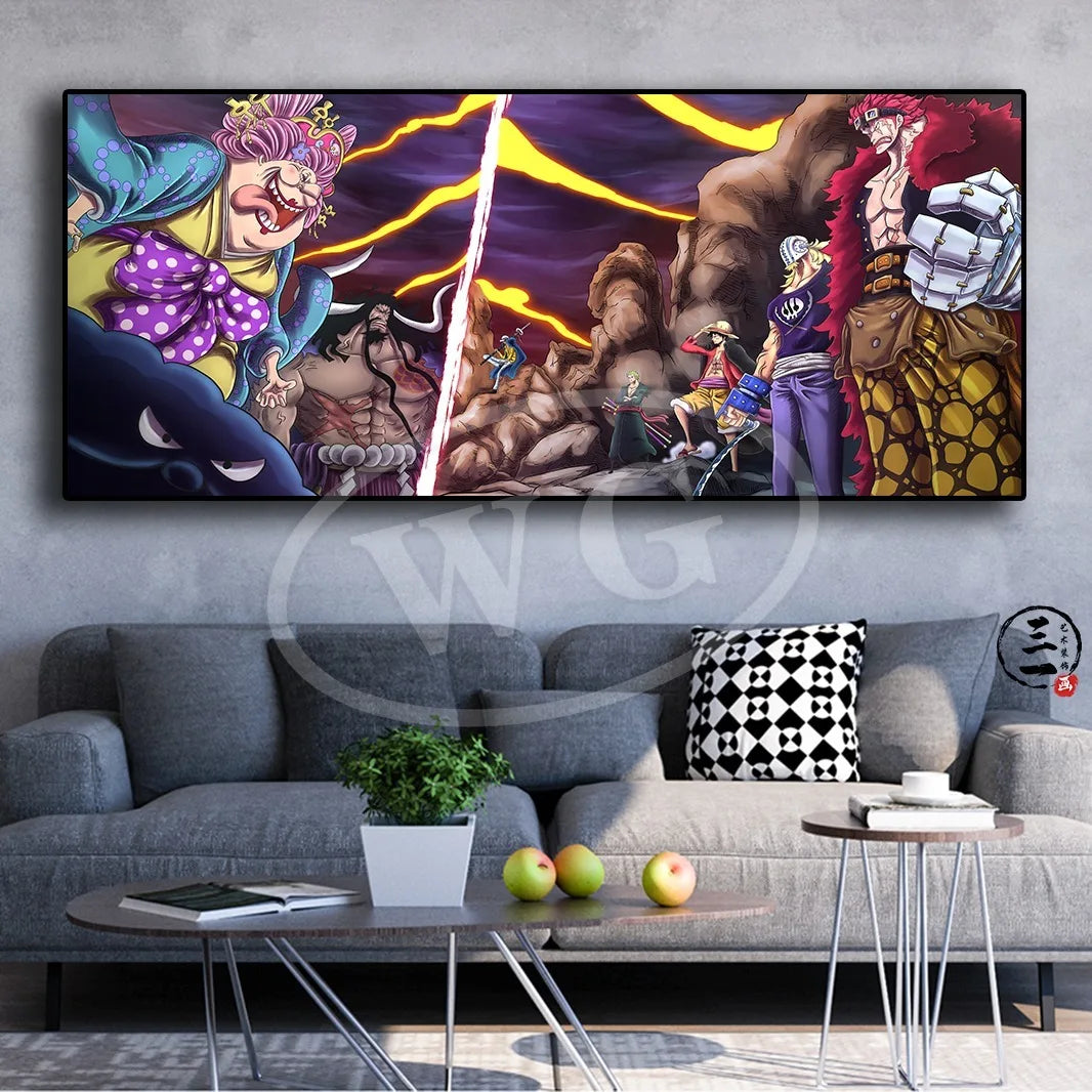A high-quality One Piece decorative painting featuring Monkey D. Luffy, Roronoa Zoro, and Portgas D. Ace as a sofa background wall hanging.