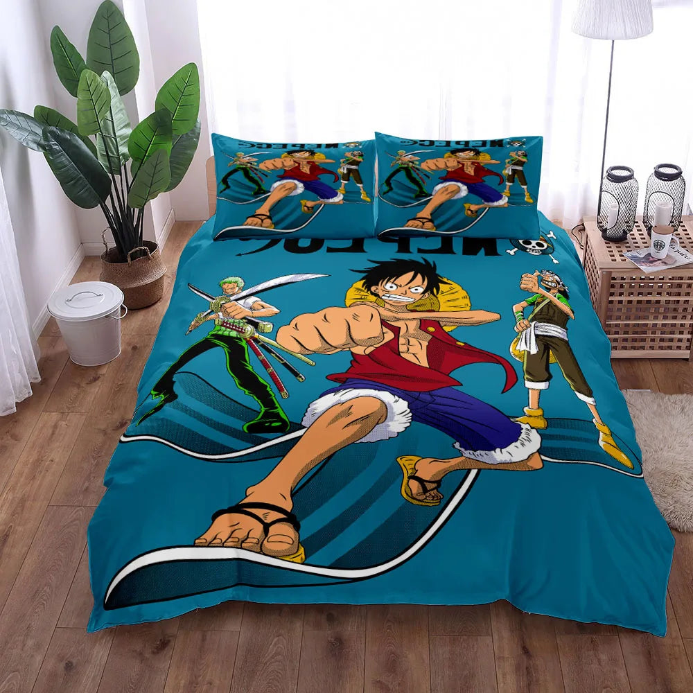 A vibrant One Piece Bedding Set featuring Monkey D. Luffy anime art on a duvet cover and pillowcase, designed for children's bedroom decor.