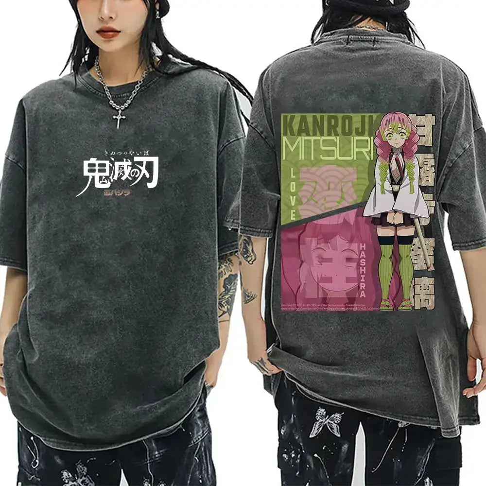 A vintage washed Demon Slayer Serpent Hashira Iguro Obanai T Shirt in a casual, oversized style for men and women.