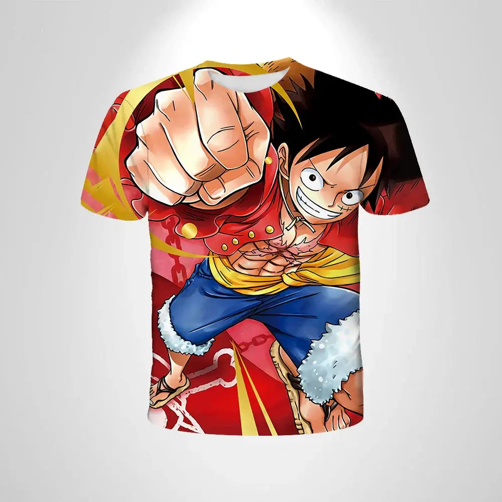 A black loose-fit One Piece Luffy T-shirt featuring a cartoon cosplay graphic of Monkey D. Luffy for men and boys.