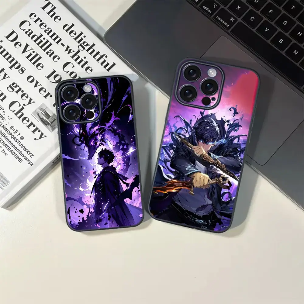 A soft TPU Solo Leveling Phone Case featuring Sung Jinwoo anime art, compatible with Apple iPhone 16, 15, and 14 Pro Max.