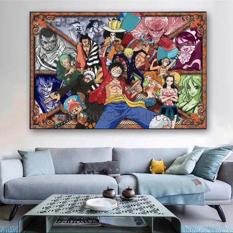 A high-definition One Piece Canvas Painting featuring Monkey D. Luffy in a watercolor art style, hanging on a modern living room wall.