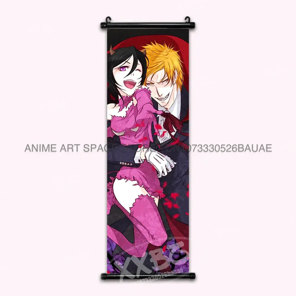 High-quality Bleach Anime Posters Japanese hanging scroll featuring Kurosaki Ichigo and Kuchiki Rukia printed on durable canvas for home decor.