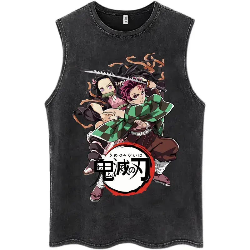 A washed retro Zenitsu Demon Slayer Tank Top featuring Agatsuma Zenitsu manga art, sleeveless cotton summer streetwear for men and women.
