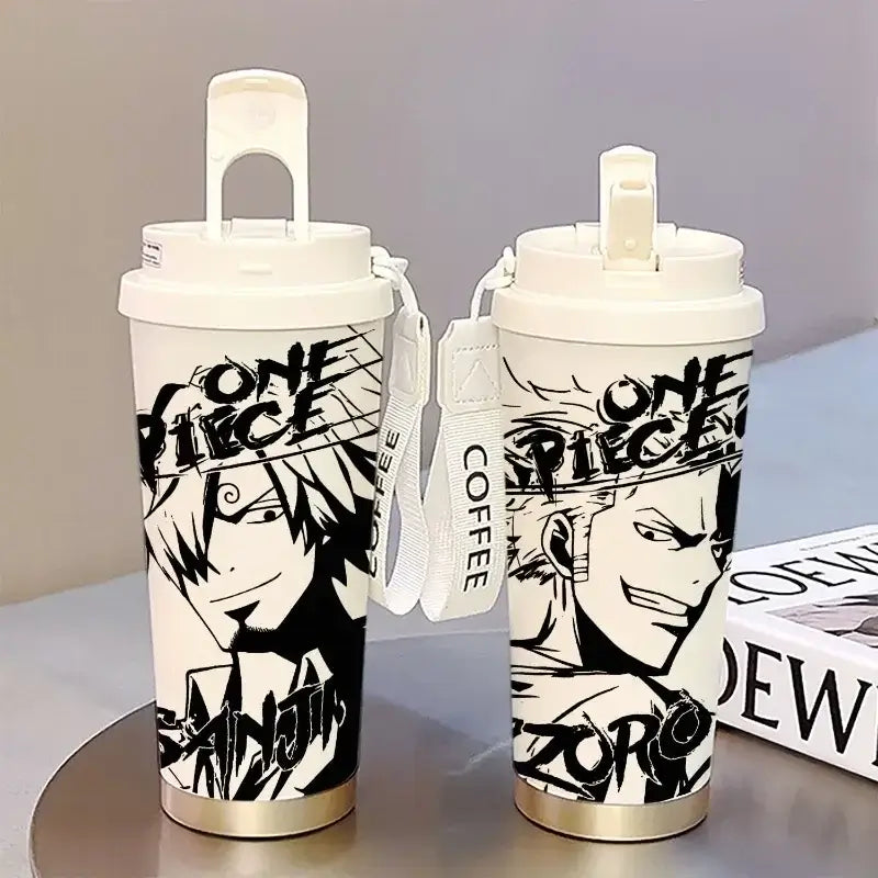 A 520ml One Piece Thermos Cup featuring anime figures Luffy and Zoro, designed as a large capacity coffee travel mug with a straw for outdoor sports.
