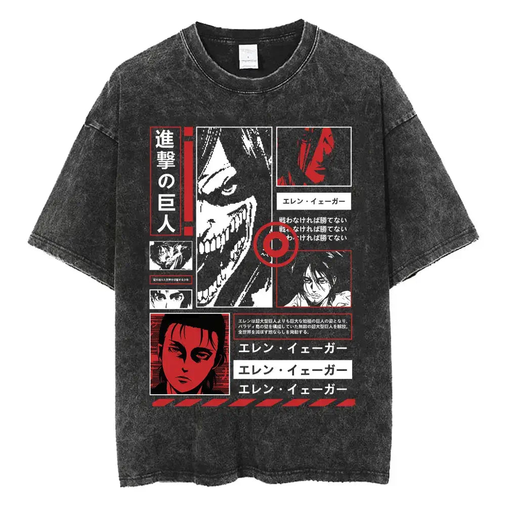 An oversized Attack on Titan Washed T-shirt featuring a vintage Levi Ackerman graphic, a stylish streetwear item for men and women.