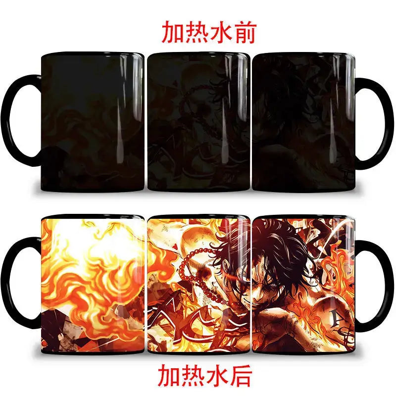 A ceramic One Piece Color Changing Mug revealing Gear 5 Nika Luffy and Fire Fist Ace artwork when filled with hot liquid.