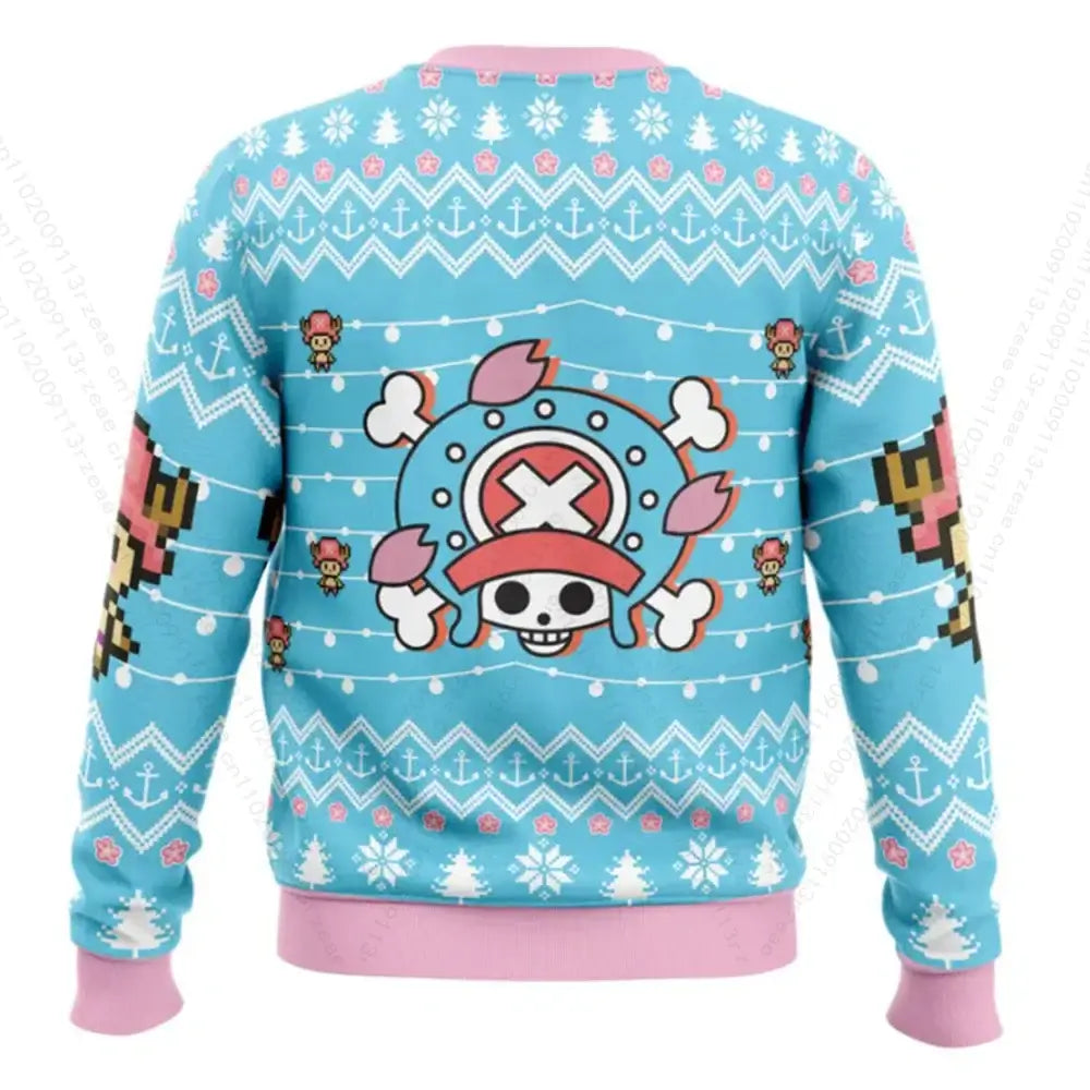 A casual cartoon Tony Tony Chopper Sweatshirt, perfect as a One Piece Christmas cosplay pullover for men and kids.