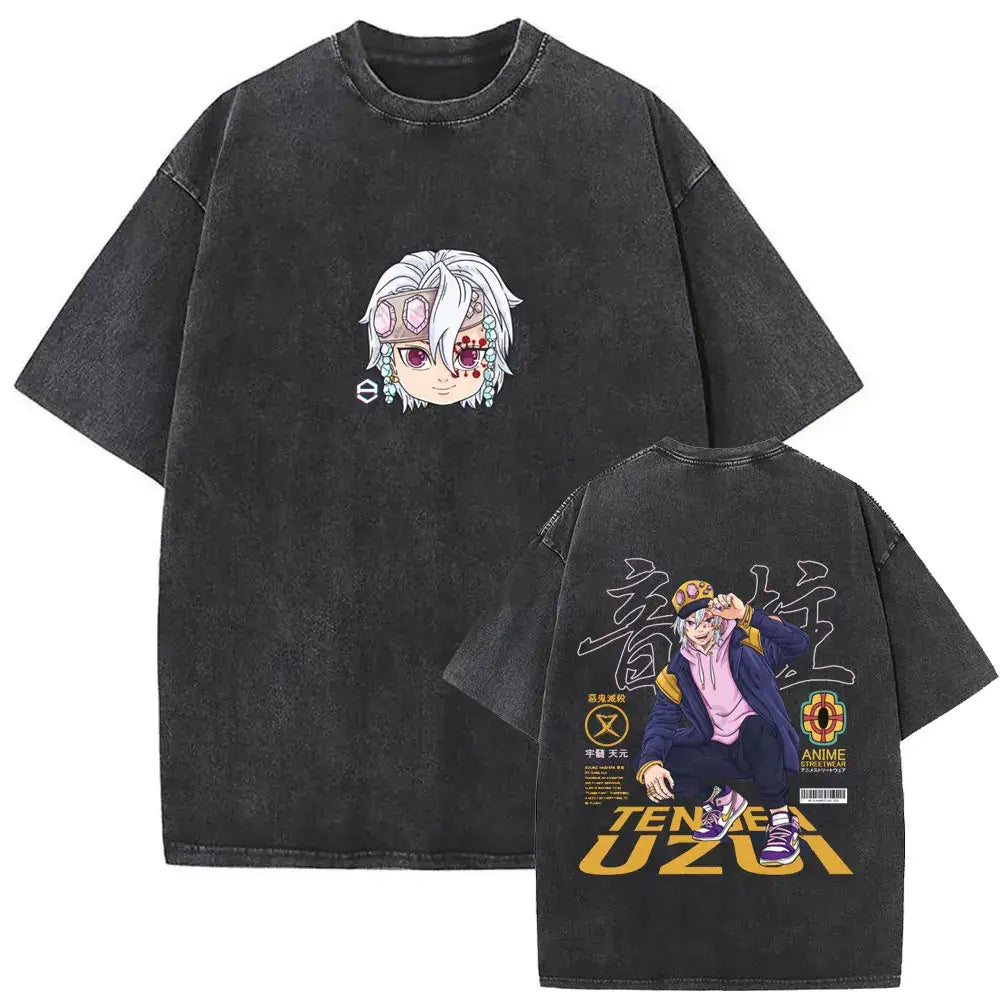 A vintage washed Demon Slayer Daki Graphic T-shirt with a cherry blossom design, an oversized casual cotton tee for men and women.