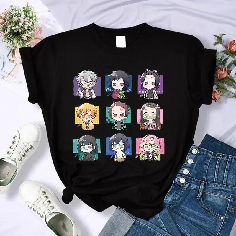 A Demon Slayer T Shirt for Women, a female Kimetsu No Yaiba graphic tee with a Nezuko and Tanjirou Kamado print.