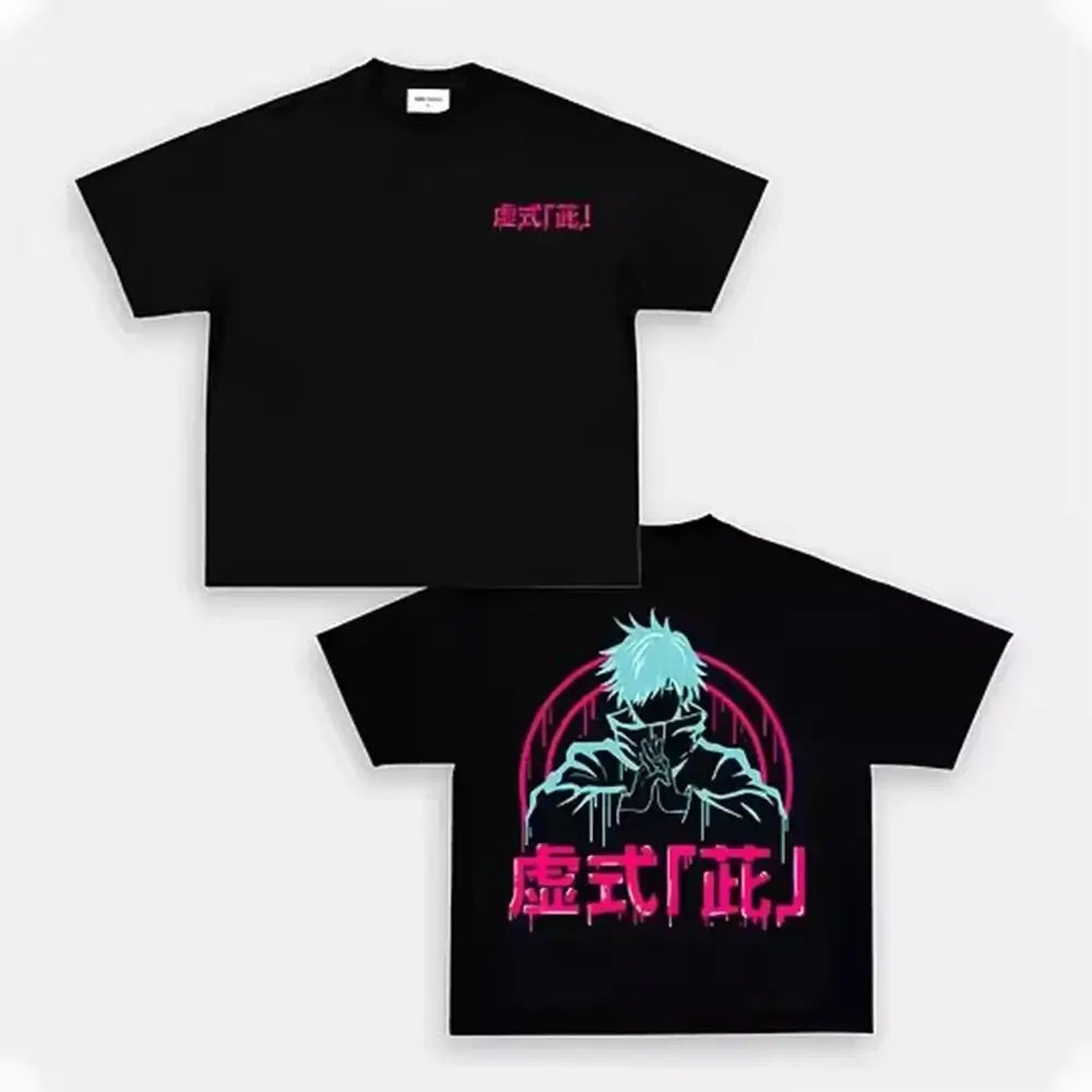 A black Jujutsu Kaisen T-Shirt for men featuring a high-definition anime graphic print, styled for casual streetwear.