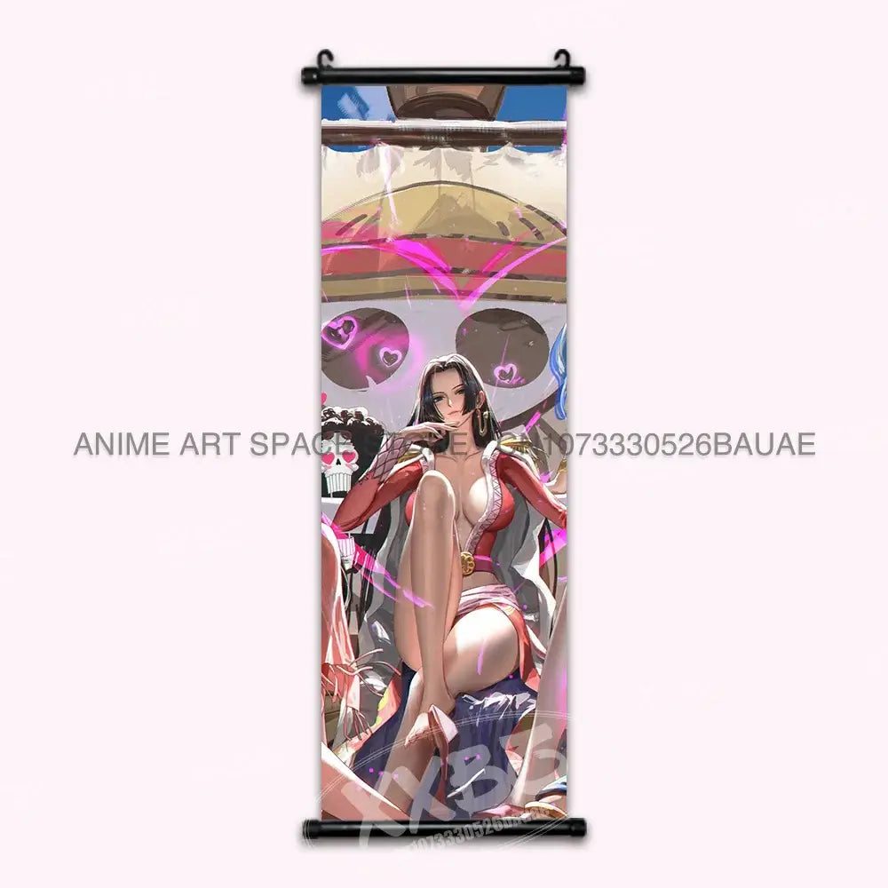 A vibrant One Piece Hanging Painting featuring anime characters Monkey D. Luffy, Portgas D. Ace, Sabo, and Shanks on a canvas scroll for home decor.
