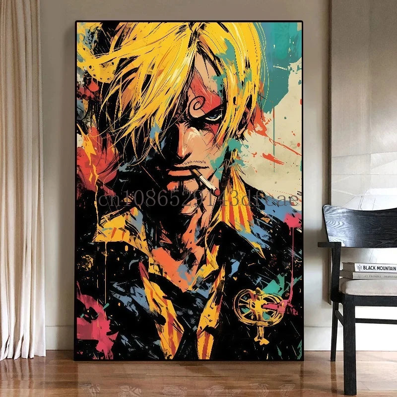 A high-quality One Piece Canvas Print featuring classic Japanese anime characters like Luffy, designed as unframed wall art for living room decoration.