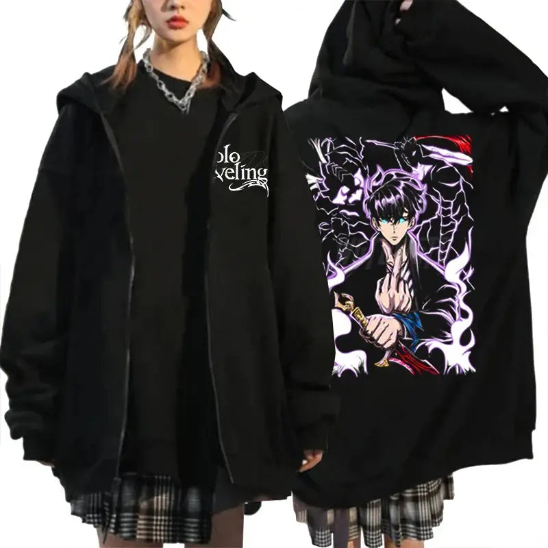 A unisex Solo Leveling Graphic Hoodie with a Sung Jin Woo print, shown in a cool streetwear style.