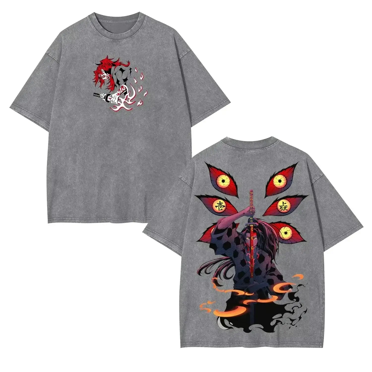 A vintage washed Harajuku Anime Demon Slayer Graphic T-shirt Kokushibo in an oversized hip hop streetwear style for men and women.