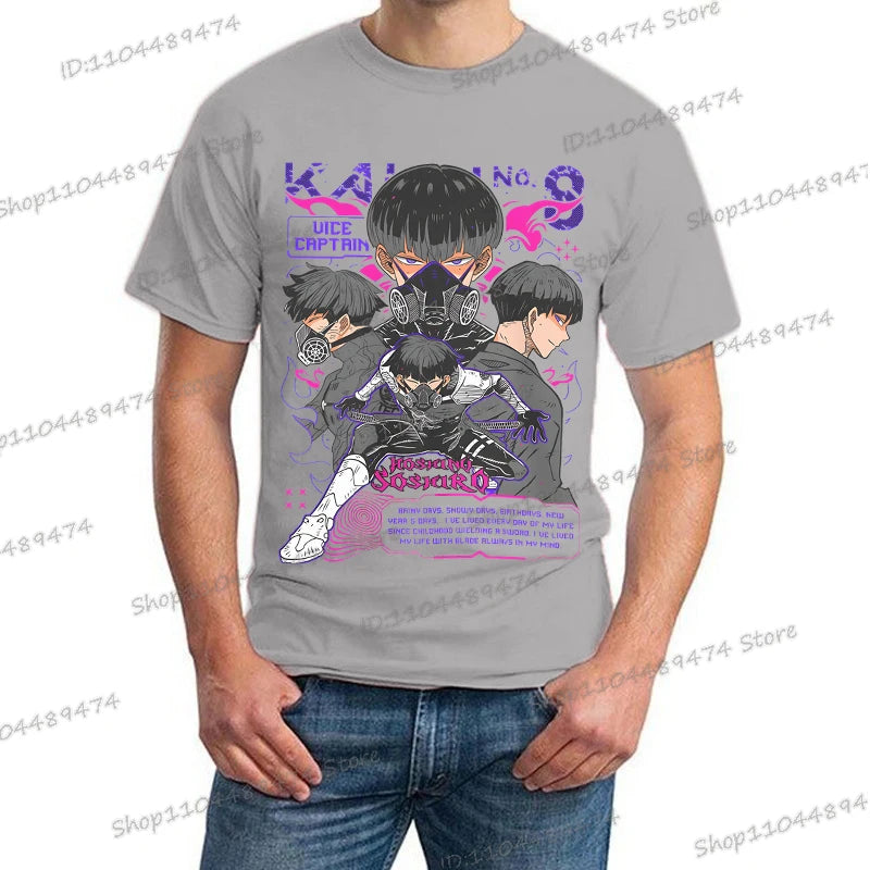 A trendy Y2K Anime Kaiju No 8 T-shirt with a creative Soshiro Hoshina print for men and women.