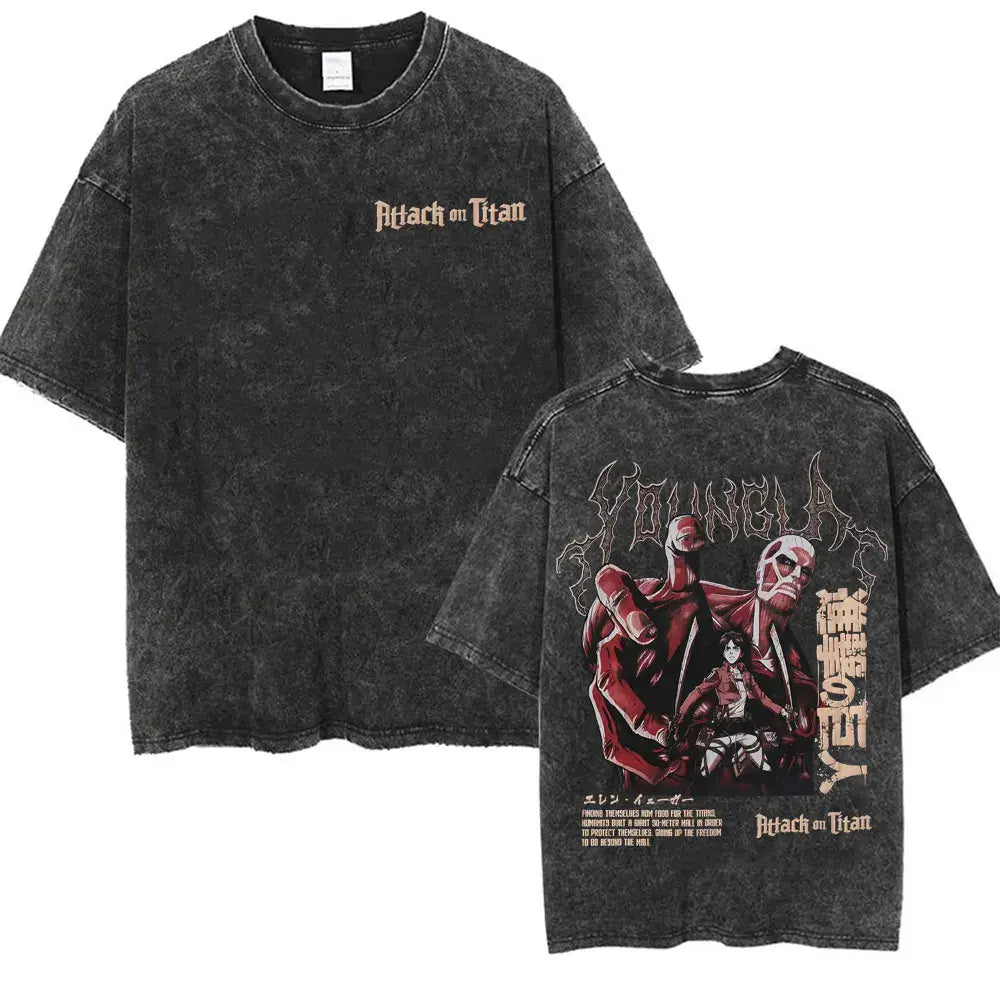 An oversized Attack on Titan Washed T-shirt featuring a vintage Levi Ackerman graphic, a stylish streetwear item for men and women.