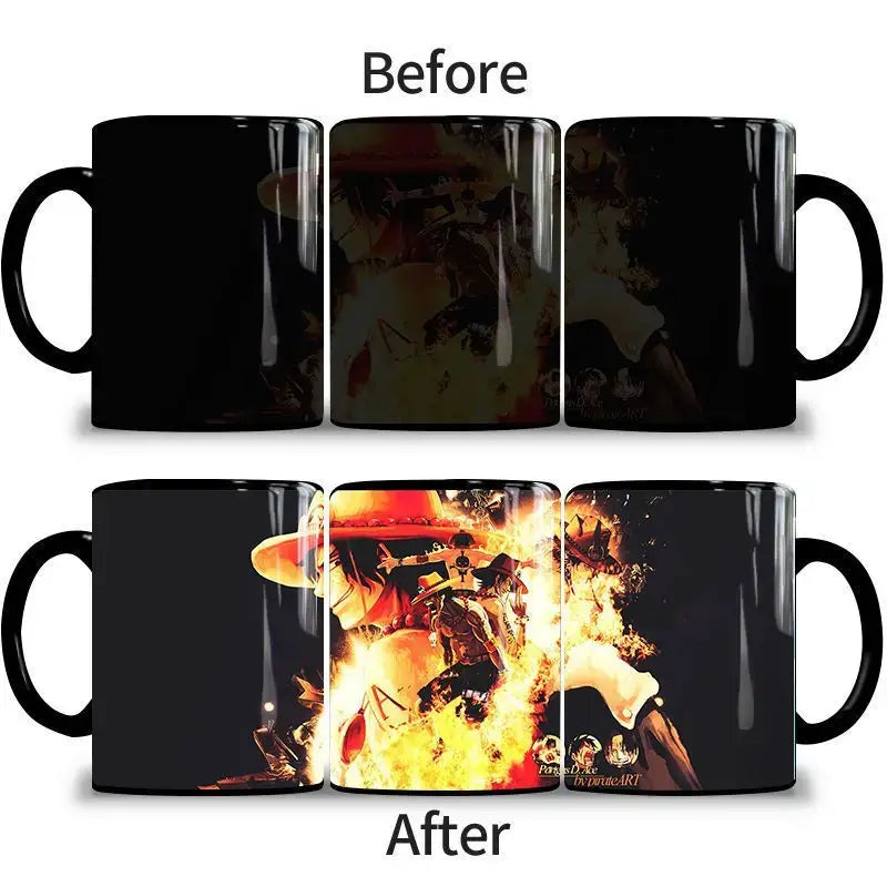 A ceramic One Piece Color Changing Mug revealing Gear 5 Nika Luffy and Fire Fist Ace artwork when filled with hot liquid.