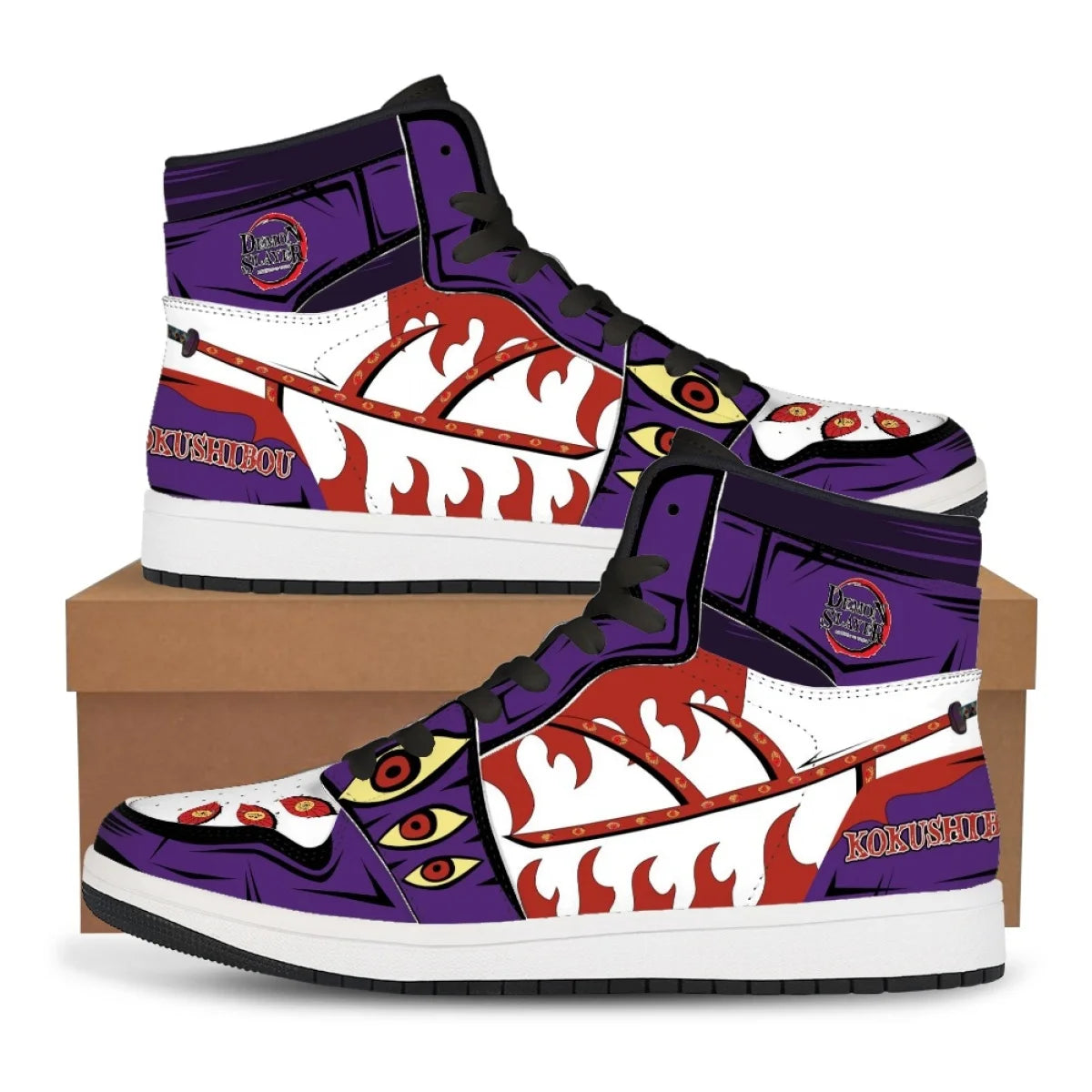 High-top Demon Slayer Sneakers featuring Tanjiro Kamado and Nezuko Kamado anime designs, styled as fashionable basketball shoes for men and women.