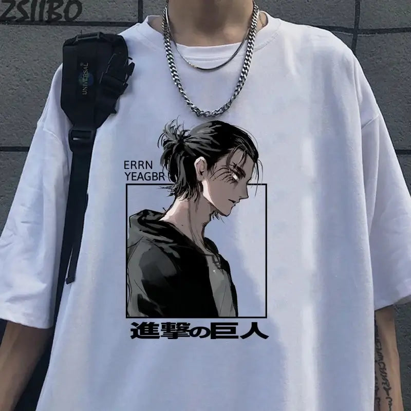 A cool street style Eren Jaeger T-Shirt with a graphic print from Attack on Titan for men and women.