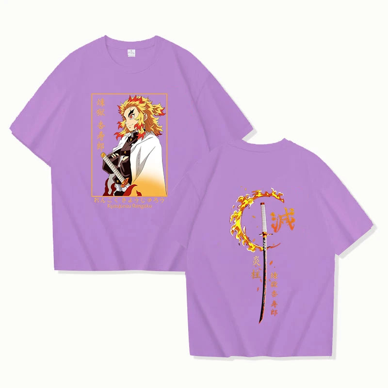 A hot new Rengoku Kyoujurou Printed Tee Shirt, a casual round neck summer unisex top for Demon Slayer fans.