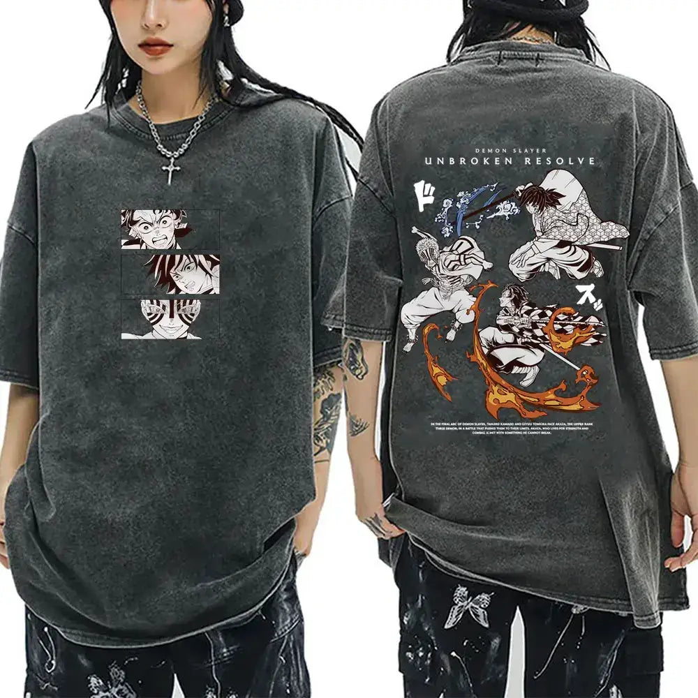 A washed black Demon Slayer Vintage T-Shirt made of 100% cotton, featuring an oversized cartoon anime graphic for men and women.
