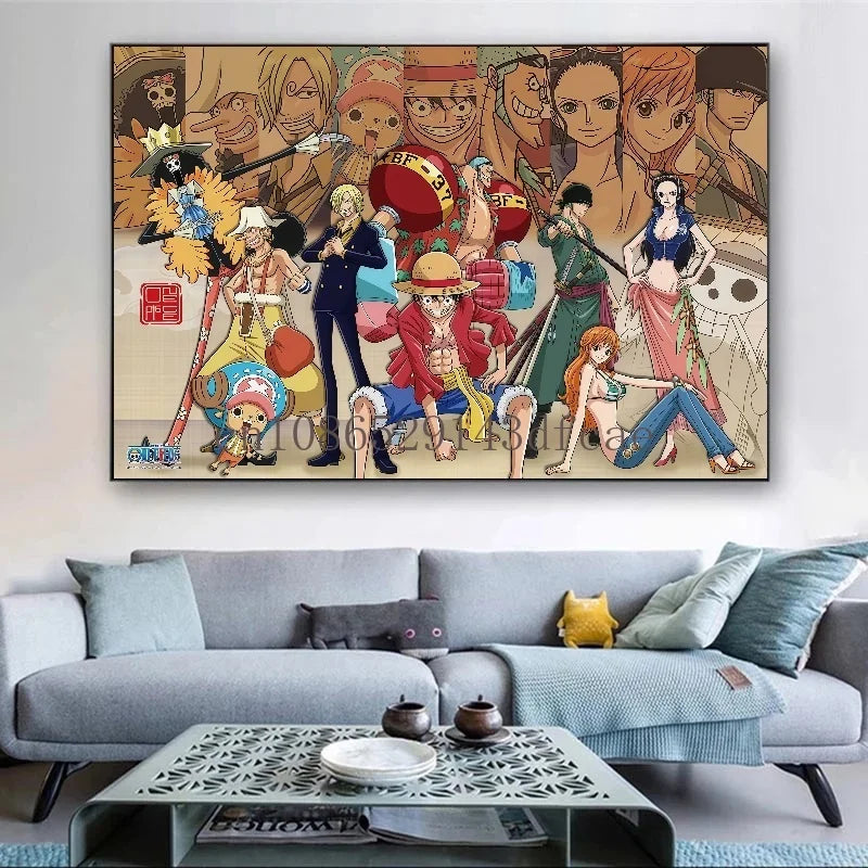 A high-definition One Piece Canvas Painting featuring Monkey D. Luffy in a watercolor art style, hanging on a modern living room wall.