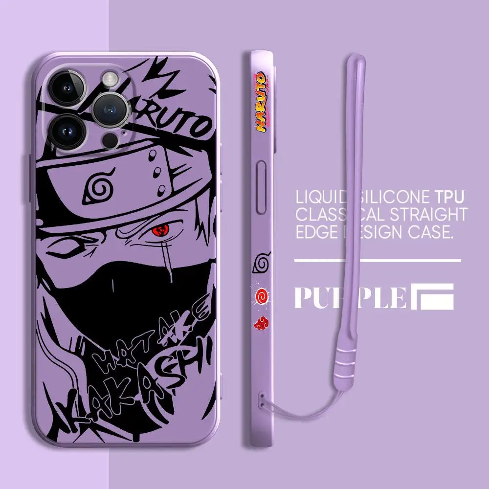 A premium Kakashi Itachi Phone Case featuring square liquid silicone design and anime art for Apple iPhone 15, 14, and 13 Pro Max.