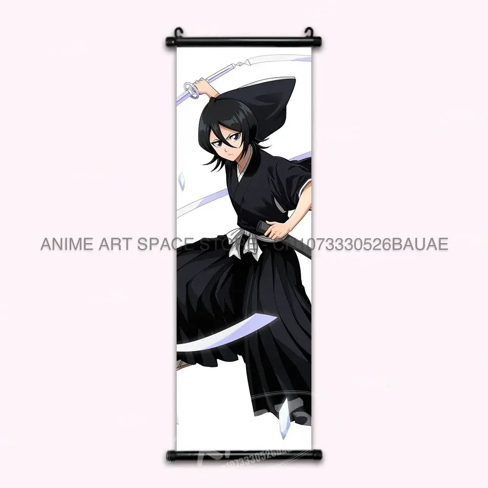 High-quality Bleach Anime Posters Japanese hanging scroll featuring Kurosaki Ichigo and Kuchiki Rukia printed on durable canvas for home decor.