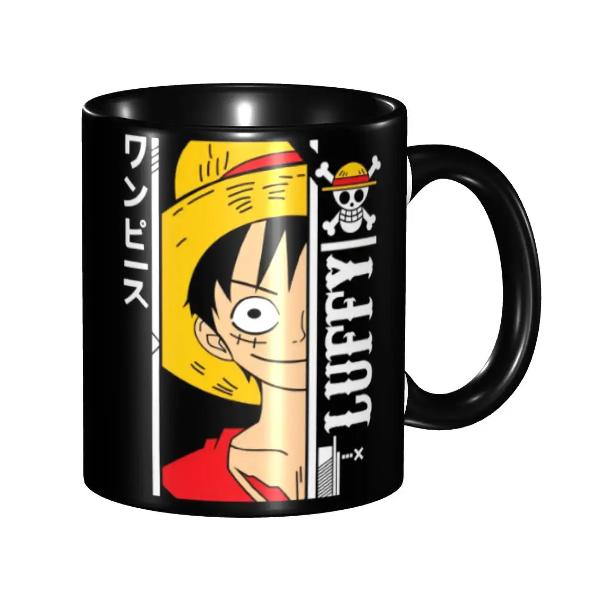 A ceramic Monkey D Luffy Quotes One Piece Mug featuring funny anime text and pirate character art, designed as a durable present for kids.