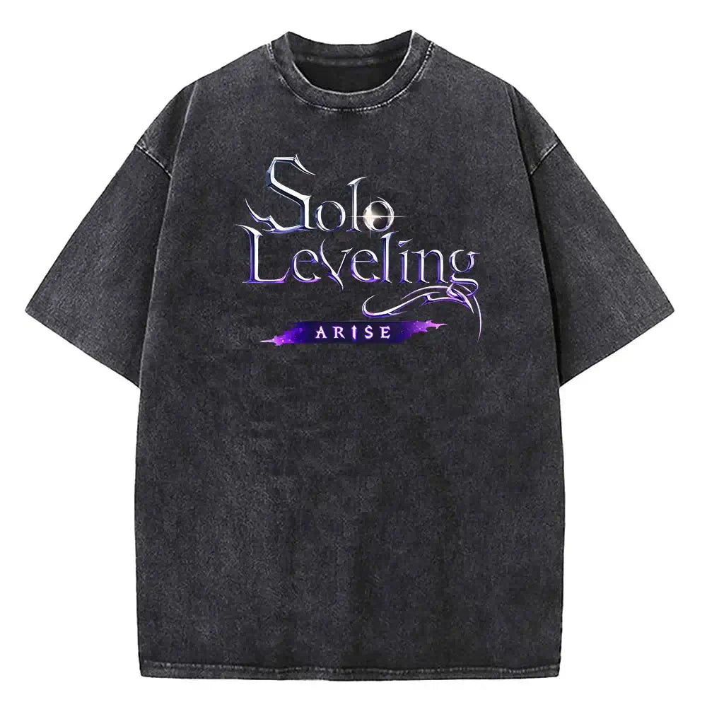 A vintage-style Solo Leveling Vintage T-shirt made of washed black cotton featuring a Sung Jinwoo graphic print, designed as Harajuku streetwear.