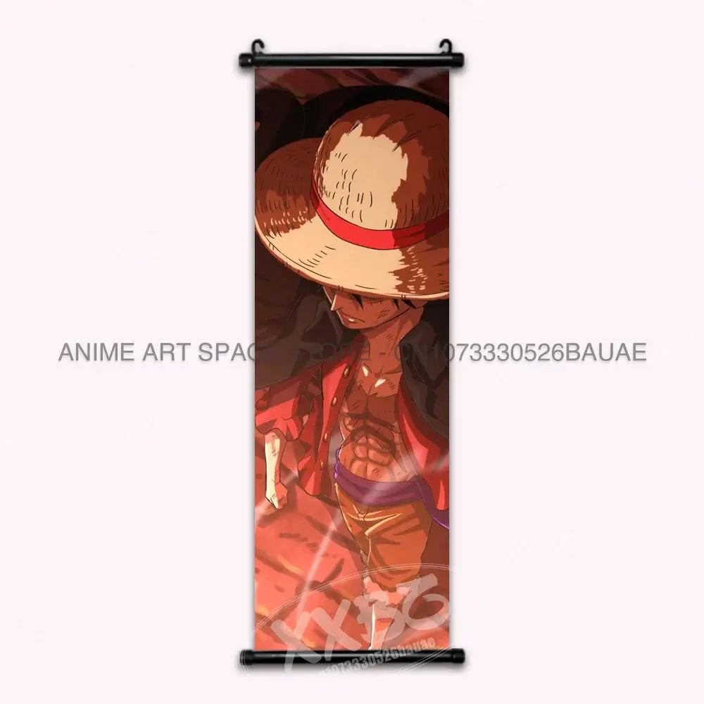 A vibrant One Piece Hanging Painting featuring anime characters Monkey D. Luffy, Portgas D. Ace, Sabo, and Shanks on a canvas scroll for home decor.