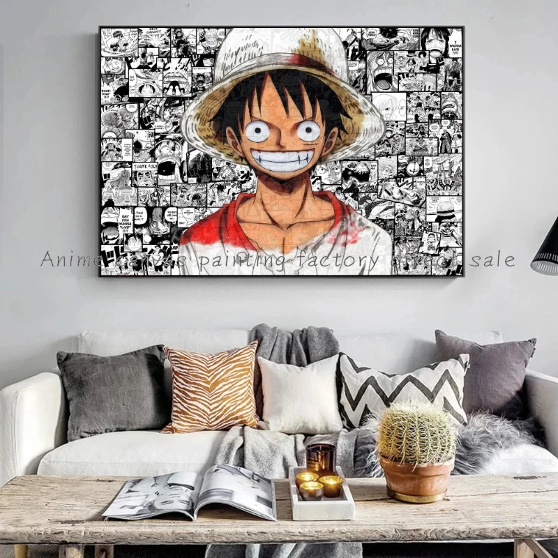 A high-quality Monkey D Luffy HD Poster printed on canvas, featuring Japanese anime art suitable for bar and home wall decoration.