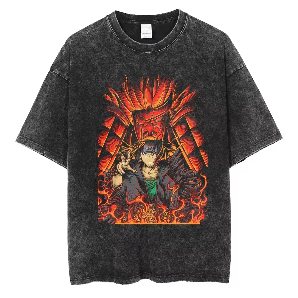 A washed black Naruto Vintage T-Shirt featuring a hip hop style anime print, designed as Harajuku streetwear for men and women.