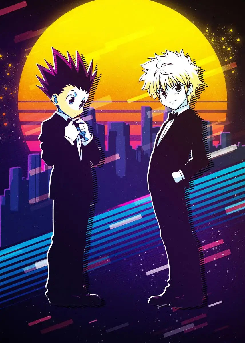 A retro style Hunter x Hunter Anime Poster printed on high-quality canvas featuring Gon and Killua, ideal for home decor and kids' bedrooms.