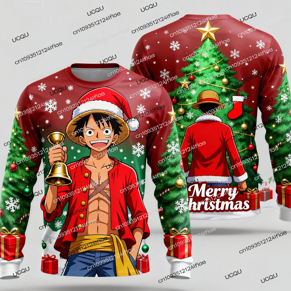 A festive Luffy Christmas Long Sleeve t-shirt featuring One Piece anime art, designed as a holiday gift for men, women, and kids.